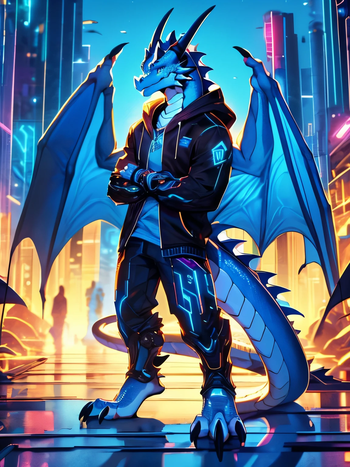 (dracthyr),male,((white scales)),wings,blue_eyes,highres,tail,handsome,toe claws,digitigrade,seductive_smile,standing,depth of field,(best quality),(masterpiece),(ultra detailed),(golden hour lighting),(modern),cyberpunk city,hoodie,prosthetics,arms_crossed,