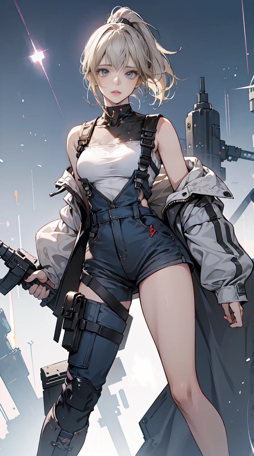 (1 girl), whole body, Full Body Lesbian,White background,BREAK,

 General worker, Big Breasts, Perfect body,BREAK,

 Overalls, tired, dirty, Messy, , Techwear,
Complex, Digital Art,BREAK,

 (Asymmetrical bangs:1.3), ponytail,BREAK,

 Highly detailed face and eyes, Perfect Lips, (Grey-haired blonde, Deep blue eyes:1.2),
 beautiful, Lightning in the movie, yusuke murata.BREAK,
