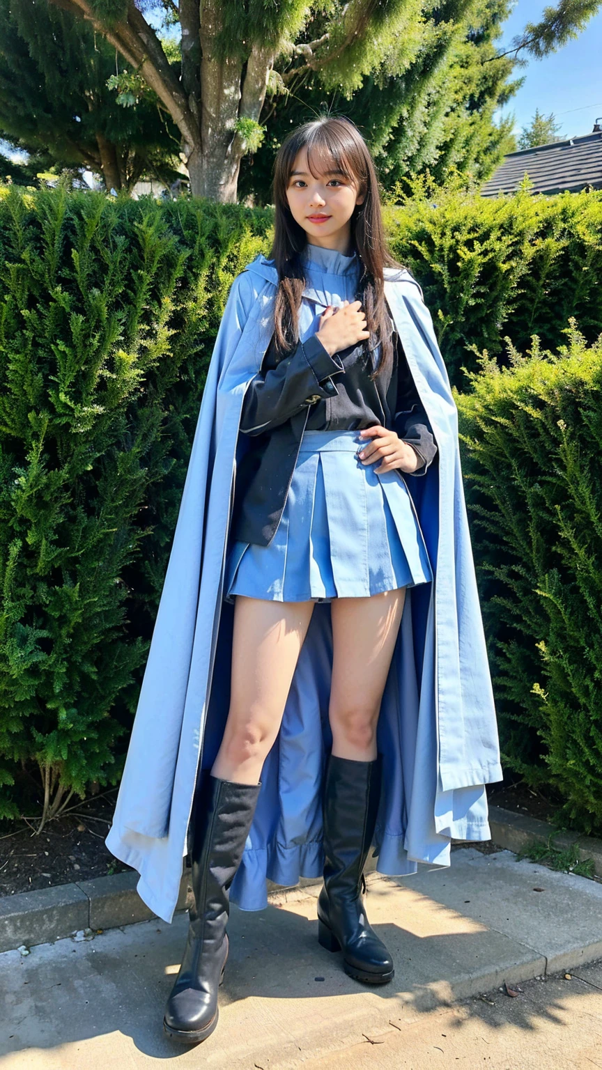 (8k、RAW Photos、Highest quality、masterpiece:1.2)、(Realistic、Realistic)、1 Girl、((Light blue and black cloak、mini skirt、garden、Exposed Skin、Medium Hair、whole body、boots、View from the front、Looking at the camera、Stand with hands on hips))、cute