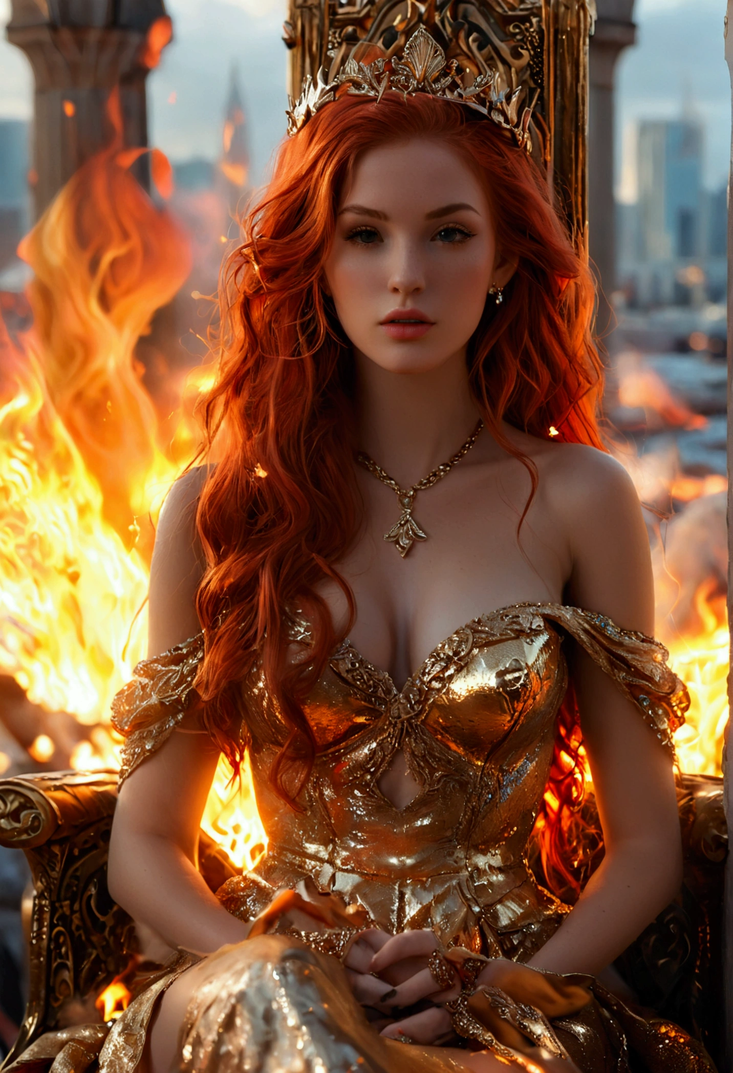 ultra realistic, photography, long red hair, girl, 24 years old, hourglass figure, perfect body, small breasts, Flirty look, extremely detailed artgerm, in the style artgerm, facing the camera, lens 35 mm, blur background, she is sitting on a throne, wearing a gold dress, in the background a city is in flames and destroyed, (full body shot:1.1) photorealistic image of a (sitting pose:1.1) woman