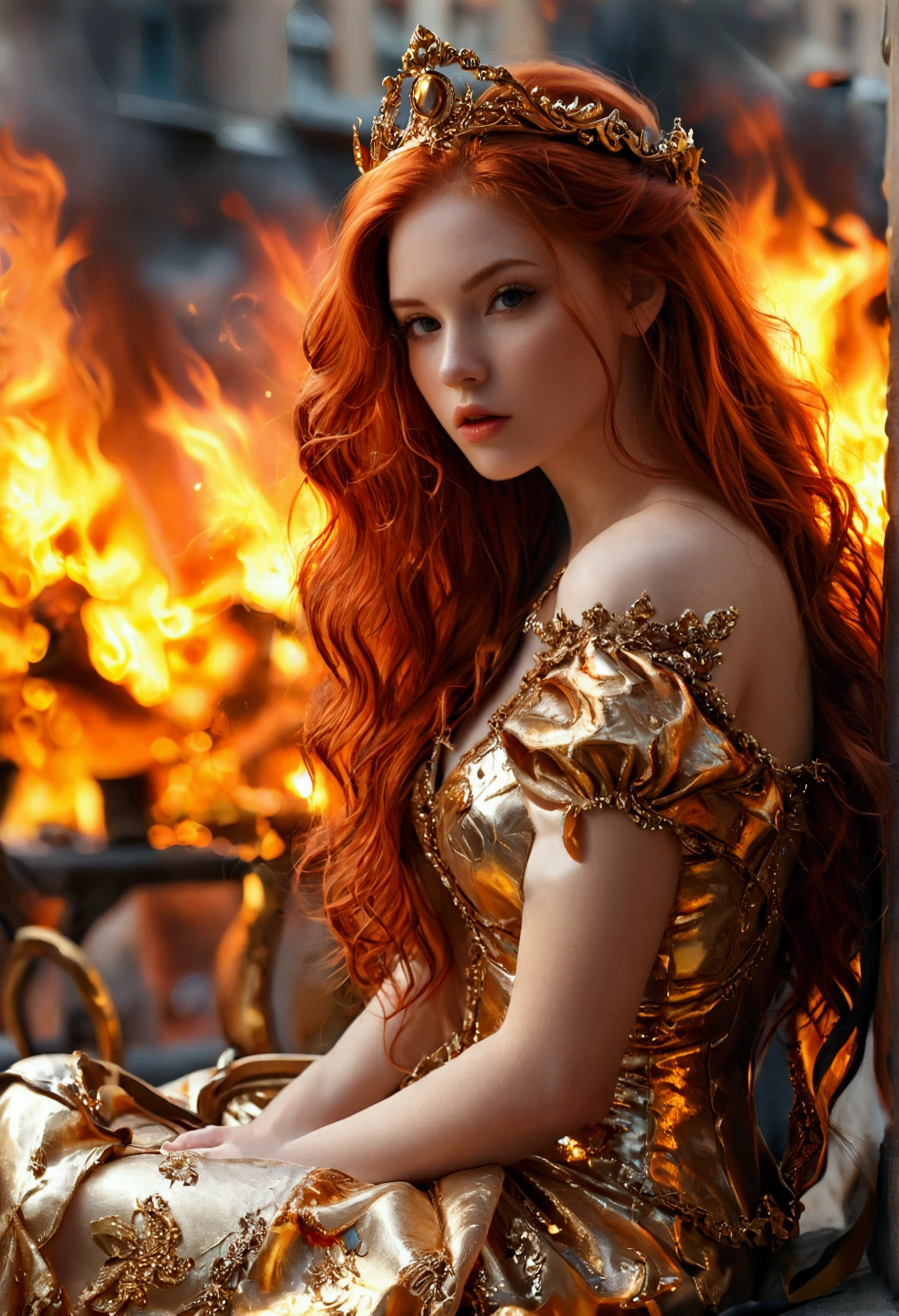 ultra realistic, photography, long red hair, girl, 24 years old, hourglass figure, perfect body, small breasts, Flirty look, extremely detailed artgerm, in the style artgerm, facing the camera, lens 35 mm, blur background, she is sitting on a throne, wearing a gold dress, in the background a city is in flames and destroyed, (full body shot:1.1) photorealistic image of a (sitting pose:1.1) woman