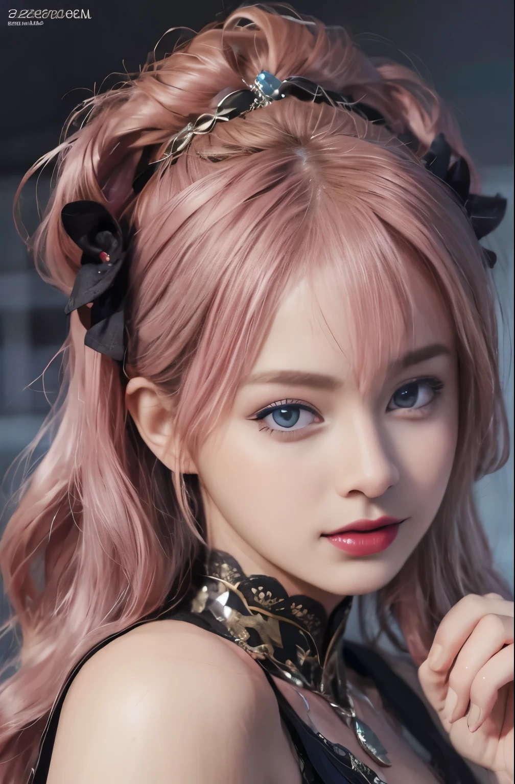 best quality, ultra high resolution, (realistic:1.4), (detailed beautiful girl:1.4), (medium chest:0.8), looking for_~to_viewer, Detailed facial details, beautiful and delicate eyes,pink hair, blue eyes, slim, an unforgettable smile, (assembly:0.3), red lips, Clothes with excellent details, (Ulzzang-6500-v1.1:0.3)