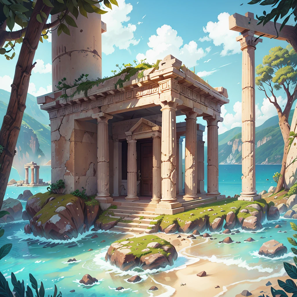 An ancient greek temple overlooking the ocean