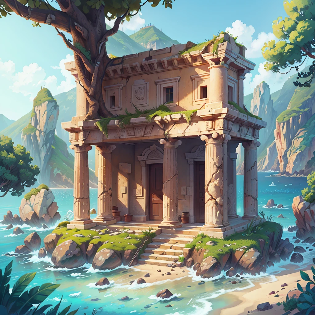 An ancient greek temple overlooking the ocean