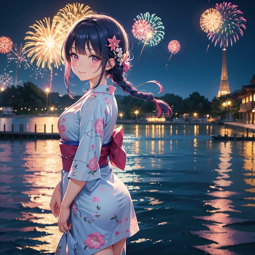 Sky Blue Medium Hair, (Braided hair),(Pink Eyes),Fair skin ,(whole body),(1 girl)、Floral Yukata、summer night、Fireworks on the lake、Big fireworks、A happy smile、Straight bangs,(masterpiece, Highest quality, Very detailed, Best Shadow), (Detailed Background), (Beautifully detailed face), High Contrast, (Best lighting, Very delicate and beautiful), ((Cinematic Light)), colorful, Hyper Detail 8k, Dramatic Light, Intricate details,Fireworks light reflected on the water
