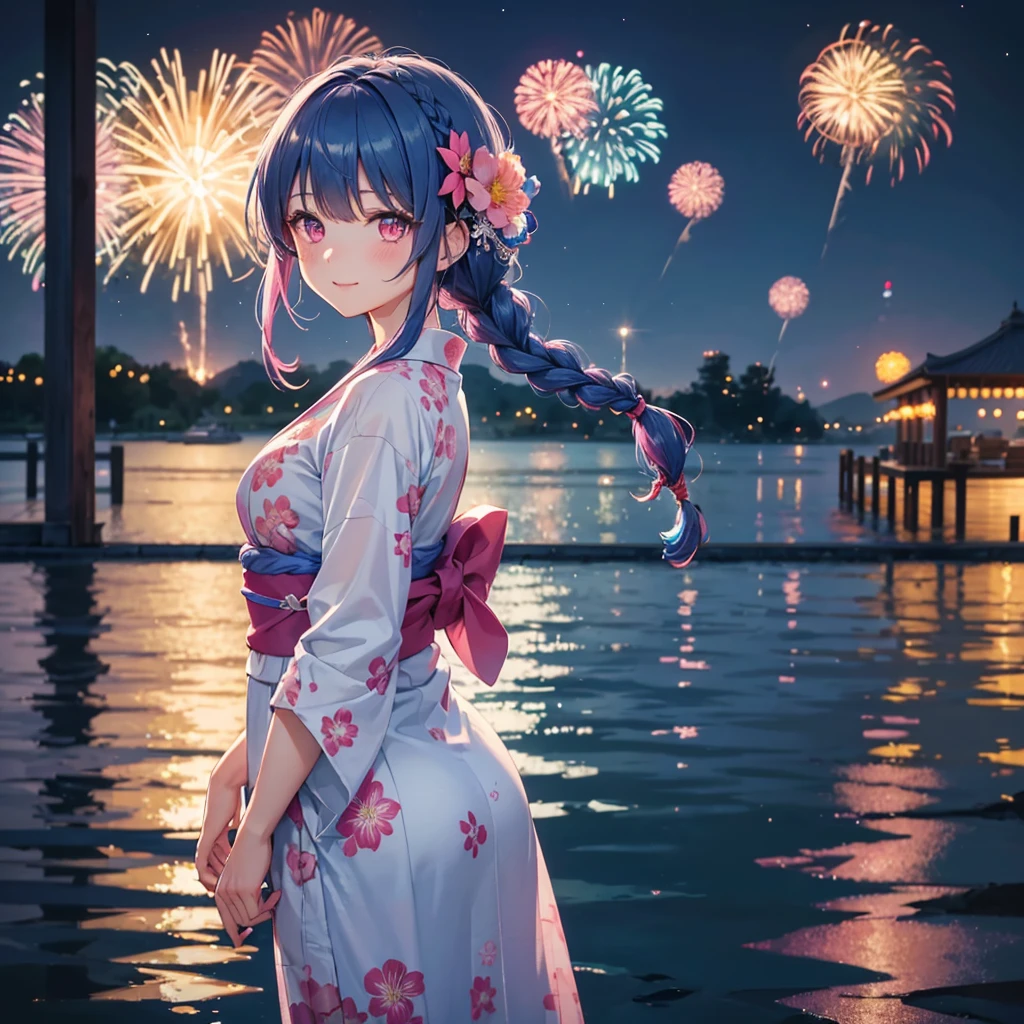 Sky Blue Medium Hair, (Braided hair),(Pink Eyes),Fair skin ,(whole body),(1 girl)、Floral Yukata、summer night、Fireworks on the lake、Big fireworks、A happy smile、Straight bangs,(masterpiece, Highest quality, Very detailed, Best Shadow), (Detailed Background), (Beautifully detailed face), High Contrast, (Best lighting, Very delicate and beautiful), ((Cinematic Light)), colorful, Hyper Detail 8k, Dramatic Light, Intricate details,Fireworks light reflected on the water