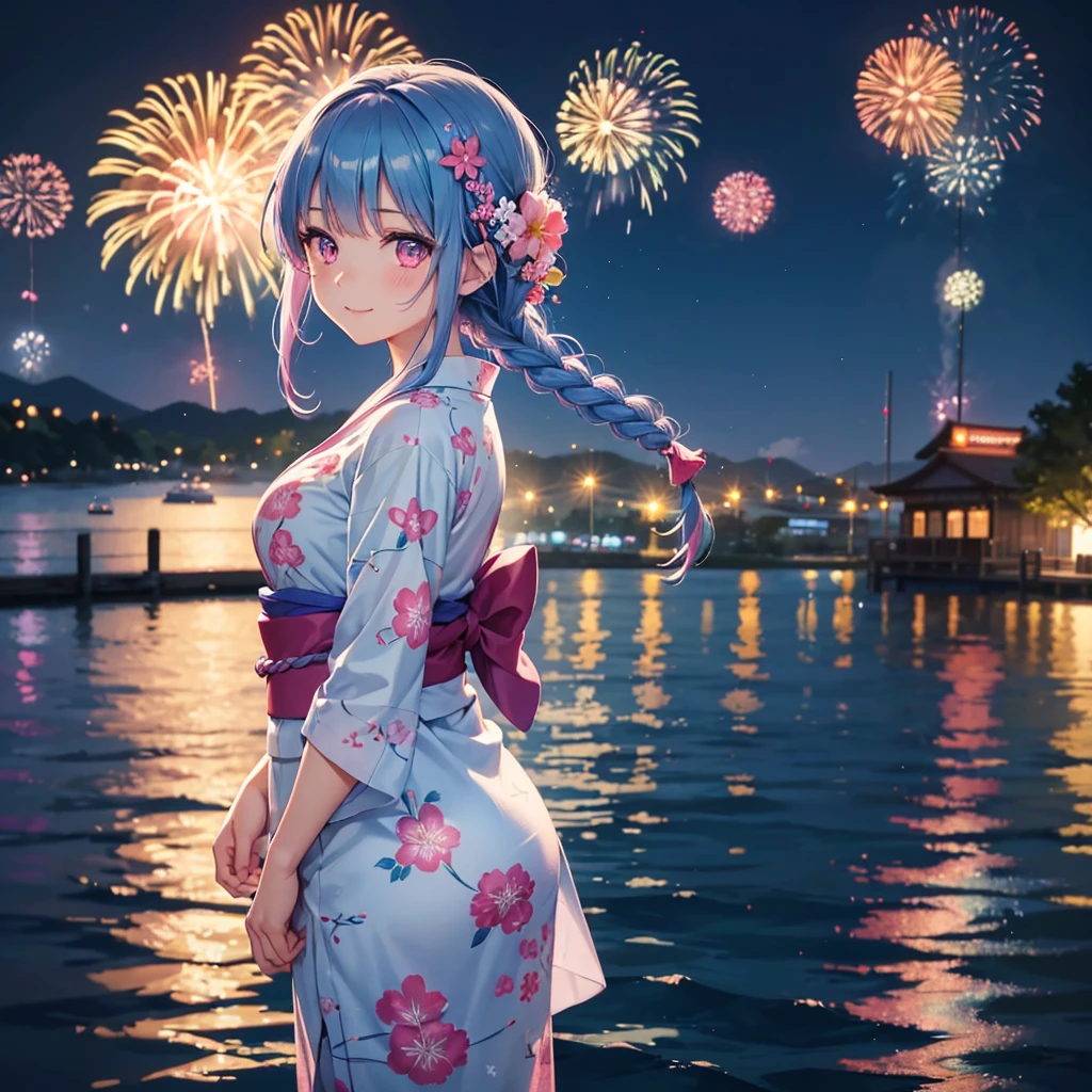 Sky Blue Medium Hair, (Braided hair),(Pink Eyes),Fair skin ,(whole body),(1 girl)、Floral Yukata、summer night、Fireworks on the lake、Big fireworks、A happy smile、Straight bangs,(masterpiece, Highest quality, Very detailed, Best Shadow), (Detailed Background), (Beautifully detailed face), High Contrast, (Best lighting, Very delicate and beautiful), ((Cinematic Light)), colorful, Hyper Detail 8k, Dramatic Light, Intricate details,Fireworks light reflected on the water