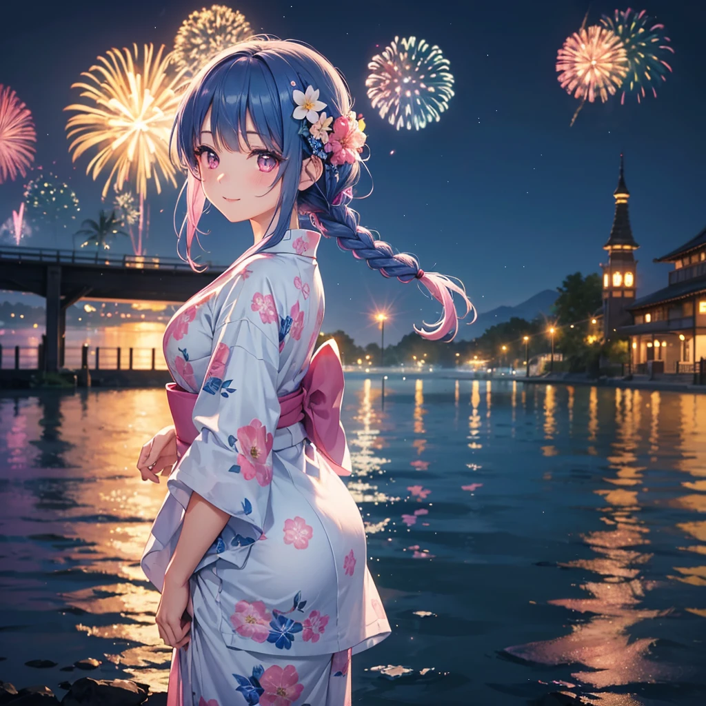 Sky Blue Medium Hair, (Braided hair),(Pink Eyes),Fair skin ,(whole body),(1 girl)、Floral Yukata、summer night、Fireworks on the lake、Big fireworks、A happy smile、Straight bangs,(masterpiece, Highest quality, Very detailed, Best Shadow), (Detailed Background), (Beautifully detailed face), High Contrast, (Best lighting, Very delicate and beautiful), ((Cinematic Light)), colorful, Hyper Detail 8k, Dramatic Light, Intricate details,Fireworks light reflected on the water
