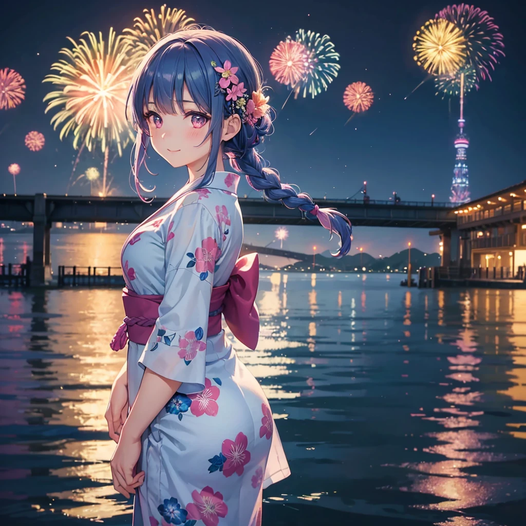 Sky Blue Medium Hair, (Braided hair),(Pink Eyes),Fair skin ,(whole body),(1 girl)、Floral Yukata、summer night、Fireworks on the lake、Big fireworks、A happy smile、Straight bangs,(masterpiece, Highest quality, Very detailed, Best Shadow), (Detailed Background), (Beautifully detailed face), High Contrast, (Best lighting, Very delicate and beautiful), ((Cinematic Light)), colorful, Hyper Detail 8k, Dramatic Light, Intricate details,Fireworks light reflected on the water