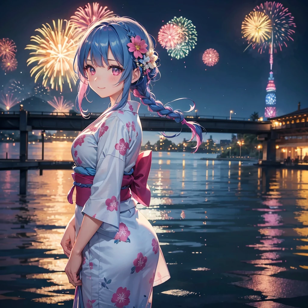 Sky Blue Medium Hair, (Braided hair),(Pink Eyes),Fair skin ,(whole body),(1 girl)、Floral Yukata、summer night、Fireworks on the lake、Big fireworks、A happy smile、Straight bangs,(masterpiece, Highest quality, Very detailed, Best Shadow), (Detailed Background), (Beautifully detailed face), High Contrast, (Best lighting, Very delicate and beautiful), ((Cinematic Light)), colorful, Hyper Detail 8k, Dramatic Light, Intricate details,Fireworks light reflected on the water