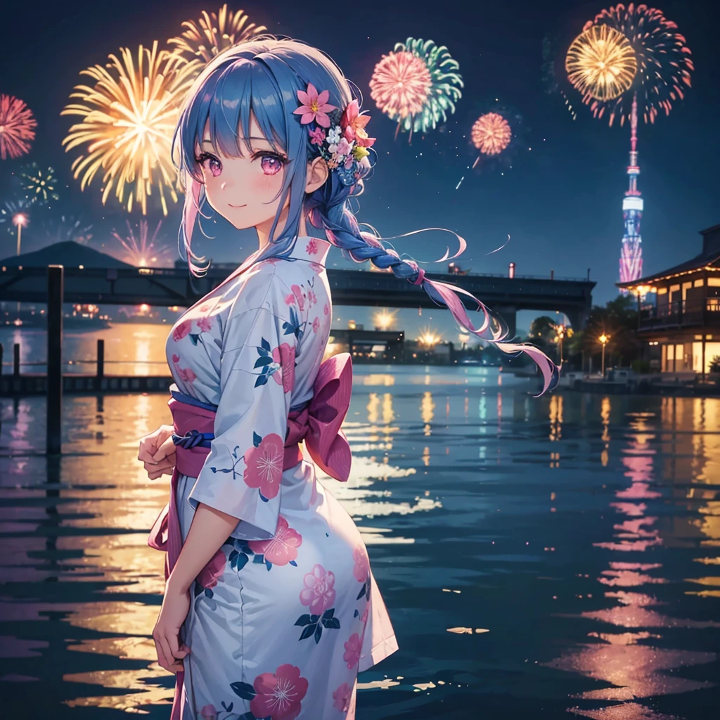 Sky Blue Medium Hair, (Braided hair),(Pink Eyes),Fair skin ,(whole body),(1 girl)、Floral Yukata、summer night、Fireworks on the lake、Big fireworks、A happy smile、Straight bangs,(masterpiece, Highest quality, Very detailed, Best Shadow), (Detailed Background), (Beautifully detailed face), High Contrast, (Best lighting, Very delicate and beautiful), ((Cinematic Light)), colorful, Hyper Detail 8k, Dramatic Light, Intricate details,Fireworks light reflected on the water