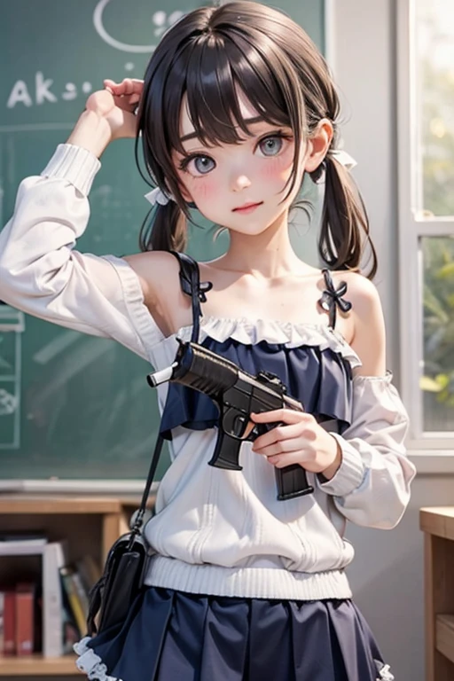 Two knots,girl,Pigtails,Hair tied in two ponytails at the back of the head,,Smiling,Black Hair,clear,gunを持っている,Troubled face,gun,Beretta M92F,自動小gunを持っている,gunを両手に持っている,Troubled face,Sad face,camisole
