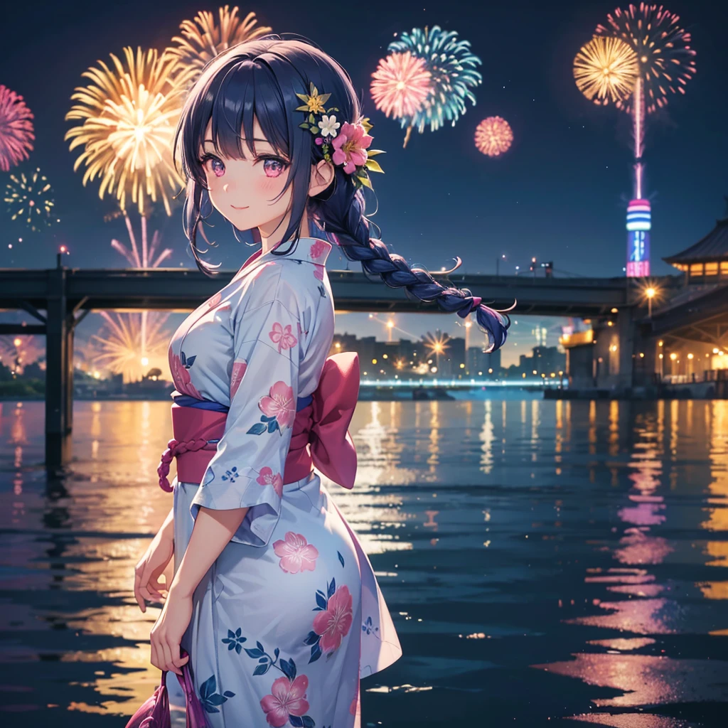 Sky Blue Medium Hair, (Braided hair),(Pink Eyes),Fair skin ,(whole body),(1 girl)、Floral Yukata、summer night、Fireworks on the lake、Big fireworks、A happy smile、Straight bangs,(masterpiece, Highest quality, Very detailed, Best Shadow), (Detailed Background), (Beautifully detailed face), High Contrast, (Best lighting, Very delicate and beautiful), ((Cinematic Light)), colorful, Hyper Detail 8k, Dramatic Light, Intricate details,Fireworks light reflected on the water