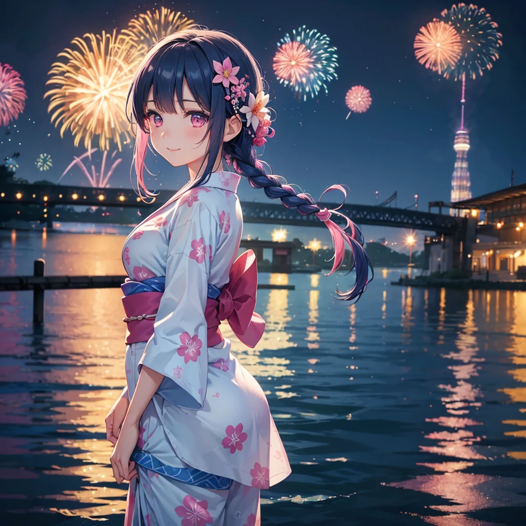 Sky Blue Medium Hair, (Braided hair),(Pink Eyes),Fair skin ,(whole body),(1 girl)、Floral Yukata、summer night、Fireworks on the lake、Big fireworks、A happy smile、Straight bangs,(masterpiece, Highest quality, Very detailed, Best Shadow), (Detailed Background), (Beautifully detailed face), High Contrast, (Best lighting, Very delicate and beautiful), ((Cinematic Light)), colorful, Hyper Detail 8k, Dramatic Light, Intricate details,Fireworks light reflected on the water