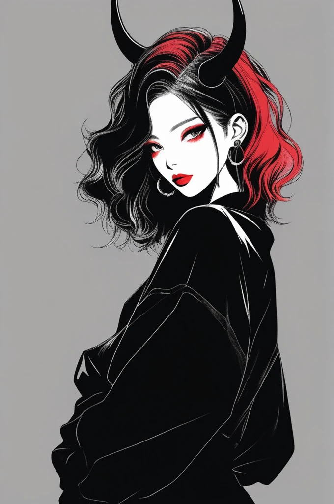 (best quality, sketch:1.2),realistic,illustrator,anime,1 girl with horns, detailed lips,custom, black and red gradient background,neon hair,textured cropping, masterpiece, style retro classic, noir style , Japanese style, full body ((monochrome))