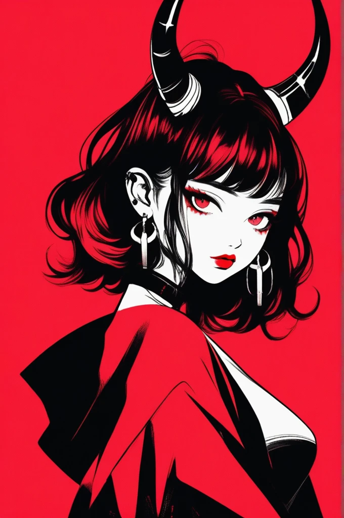 (best quality, sketch:1.2),realistic,illustrator,anime,1 girl with horns, detailed lips,custom, black and red gradient background,neon hair,textured cropping, masterpiece, style retro classic, noir style , Japanese style, full body ((monochrome))