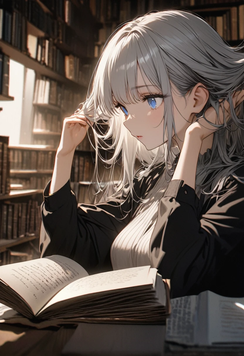 Highest quality, Super Fine, 16K, Incredibly absurd, Very detailed, 2.5D, delicate and dynamic, Beautiful woman engrossed in reading, Tuck your hair behind your ears, ivory hair, Blue Eyes, Portraiture, Large library of backgrounds