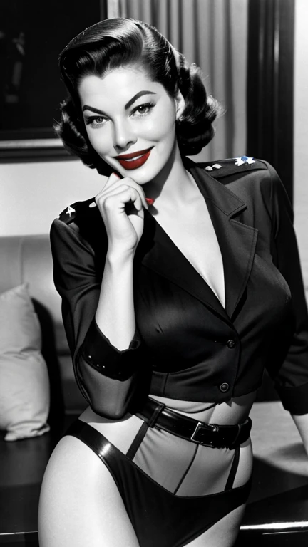 Ava Gardner dressed in sexy police clothes with lipstick and smiling
