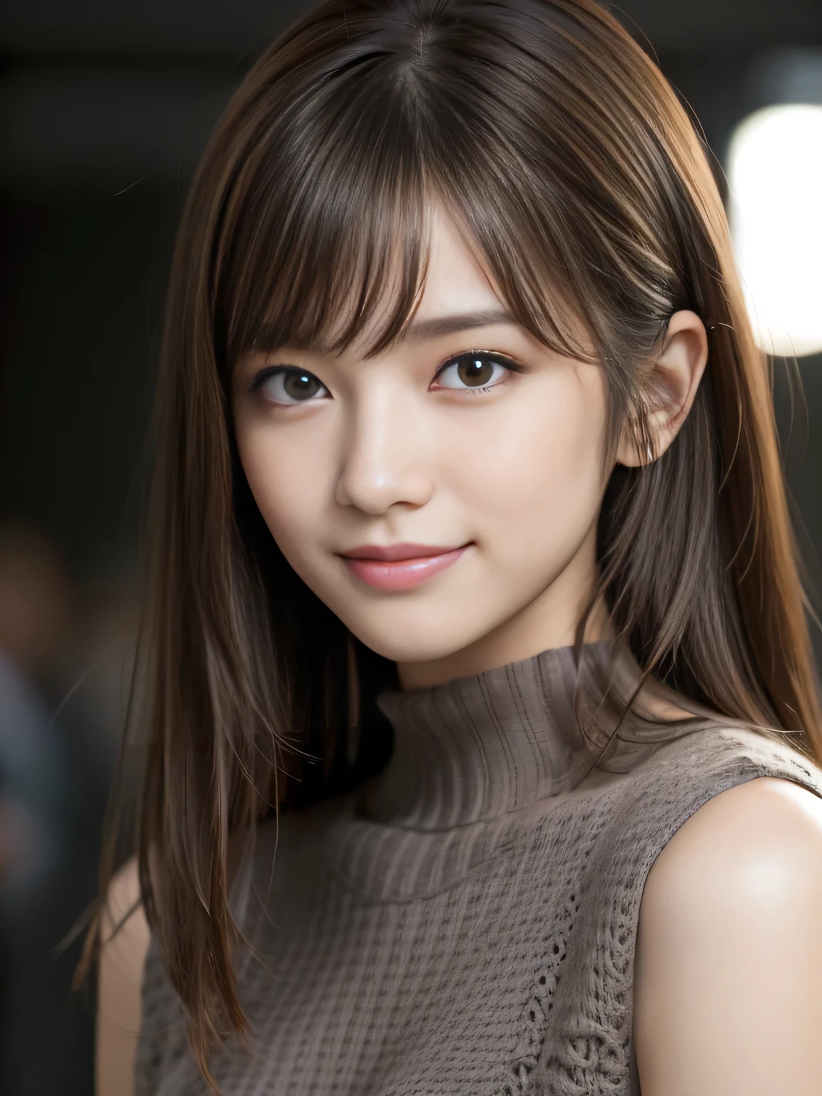 masterpiece, best quality, ultra-detailed, intricately detailed hyperdetailed, realistic, sharp features, highly detailed, sharp focus, Realistic, Photorealistic:1.3, (17 years old:1.3), perfect face, perfect symmetrically eyes, perfect full lips, hyper detailed, hyper realistic, high resolution, Fashion Model, Japanese Idol, Slender, brown hair, Stylish, model poses, Beautiful Face, light brown hair, messy hair, asymmetrical bangs, (grin:1.2), (looking at viewer), cinematic lighting, grey background, (Black knit:1.2), portrait