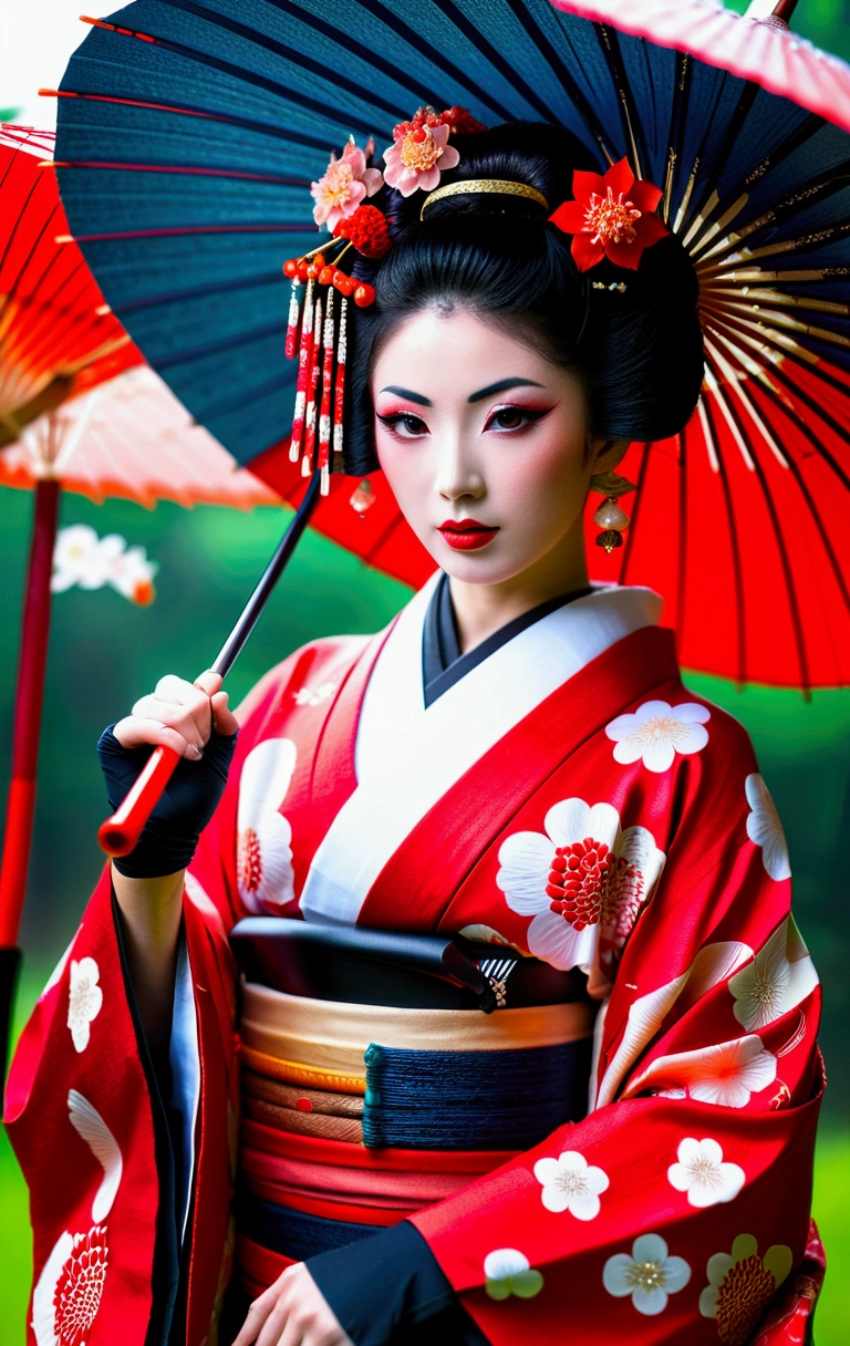 Arabian woman in kimono holding umbrella and red umbrella, traditional geisha clothing, glamorous and sexy geisha, japanese geisha, female geisha girl, intricate geisha kimono, geisha photo portrait, geisha, beauty geisha, Japanese Kimono, Red kimono, Traditional Japanese, organic seductive geisha, geisha hairstyle, Japanese style