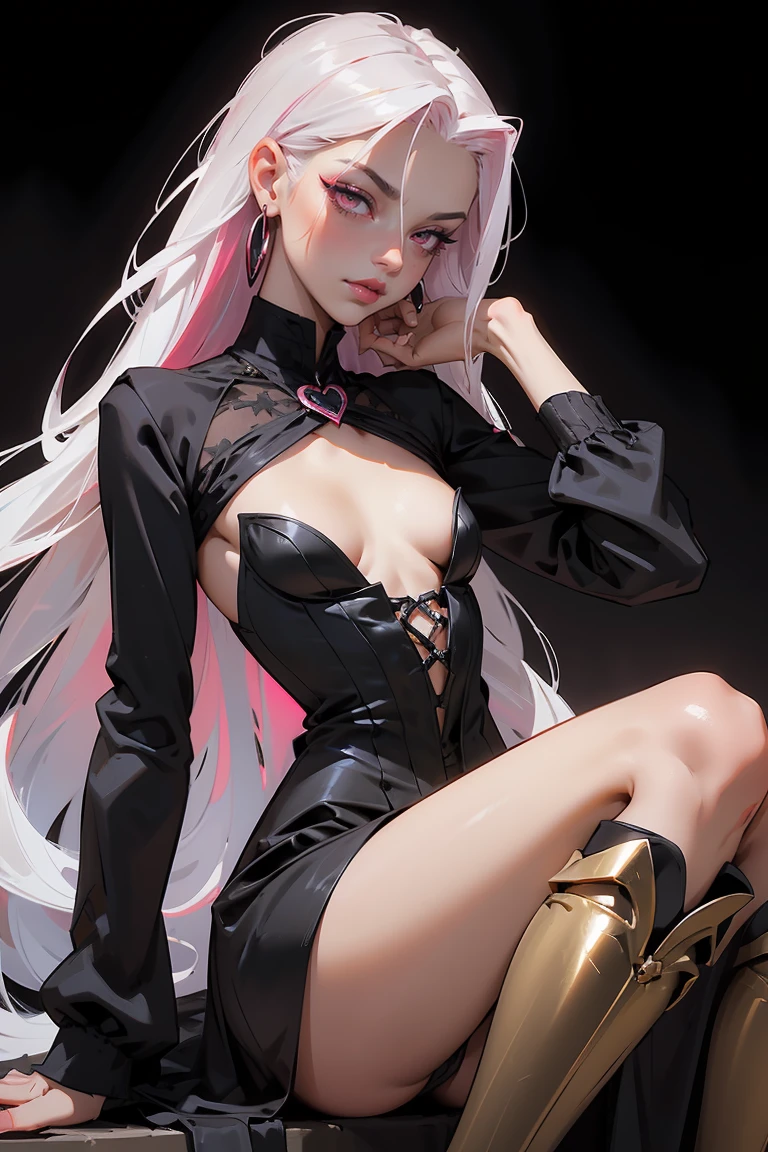 Goddess ((goddess-like woman)), slim, elegant silhouette, masterpiece, (close angle), best quality, pale skin, fair skin, sweet face, (masterpiece: 1.2, best quality), (real image, intricate details), (1 lady, solo, medium tits, small waist, ), ((Jinx/LOL)), beautiful face, kissable lips, very long white hair, slicked back hair, (very long white hair), white hair , VERY LONG HAIR , (very long white hair), perfect makeup, realistic face, detailed red pink eyes, (red pink eyes) bright red pink eyes, very long hair, eyelashes, mouth slightly open, she has an impressive presence, gold bracelet, gold hoop earrings, withe jewelry , beautiful face, beautiful eyes, she is wearing a black Mesh Corset Velvet Dress and black over-the-knee boots, Mesh Corset Velvet Dress, long sleeves, dress, standing, full body, long dress, maroon dress, velvet dress, see-through sleeves, Black over-the-knee boots, sweet irresistible smile, elegant pose, elegant hands, beautiful hands, perfect fingers, background: old town, medieval city, stone houses market place, old stores