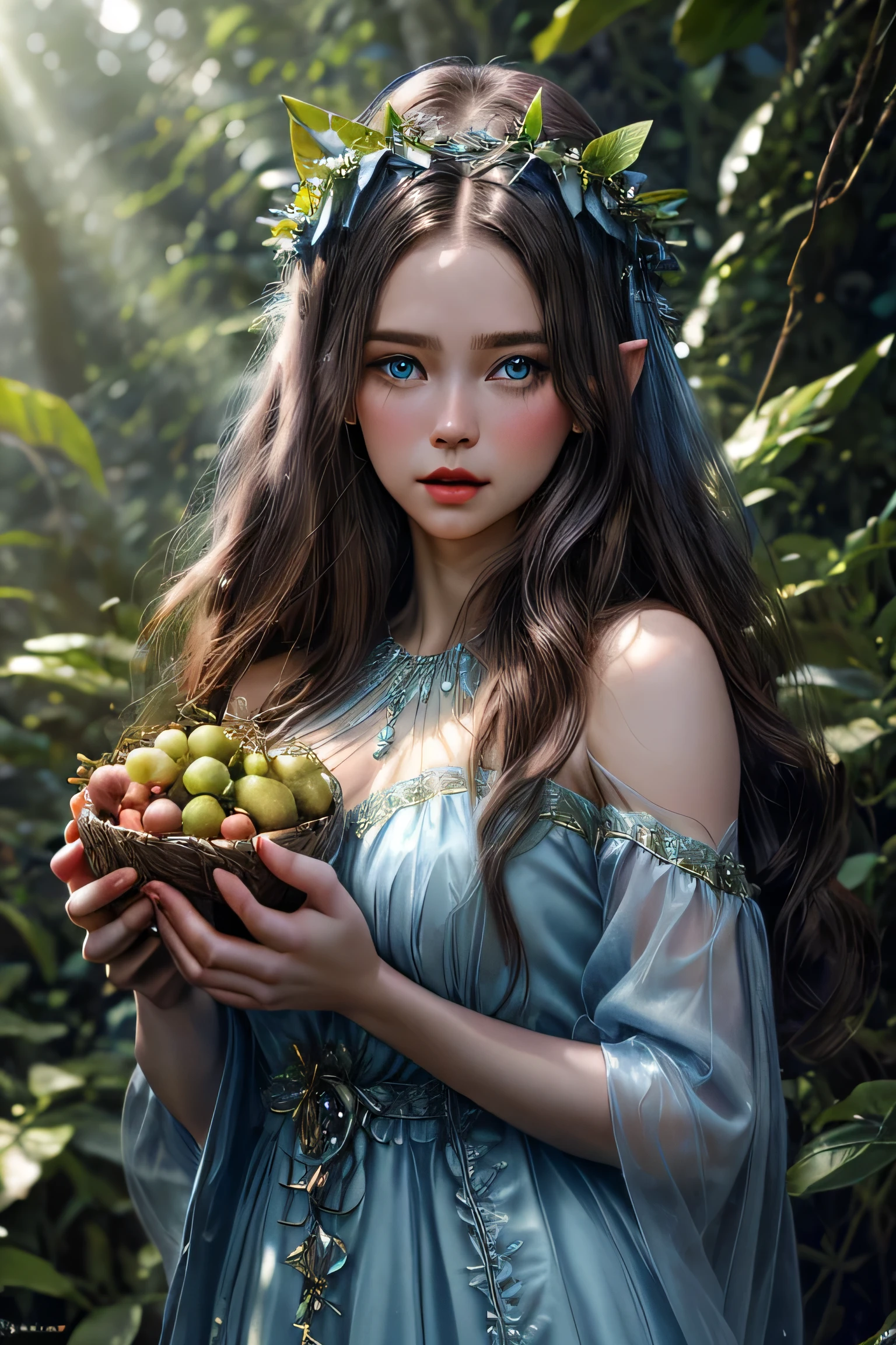 A fairy women wear long milk blue dress, beautiful face, beautiful blue eyes, fairy ears, long brown hair, branch tiara, picking fruit on a tree, background fairy vilage in the middle of jungle that have a glowing leaf and plants, ray of light, morning vibes, high class fashion, a lot of detail, ornaments, cinematic lighting, close up shot 50mm, full body shot, masterpiece, ultra detailed, hyper realistic, ultra hd, 8k