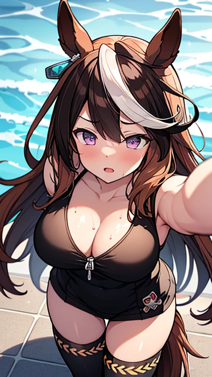 masterpiece, best quality, highres, 1girl, symboli rudolf (umamusume), horse ears, animal ears, solo, horse girl, tail, horse tail, thighhighs, brown hair, gloves, long hair, multicolored hair, pool side, misaligned bra, thong, (reach: 1.2), lying down, from above, open arms, disheveled underwear, heavy breathing, sexual expression invite,(abs, slender figure :1.1), (pool, wet body, wet clothes:1.1), ultra-detailed face, detailed lips, detailed eyes,