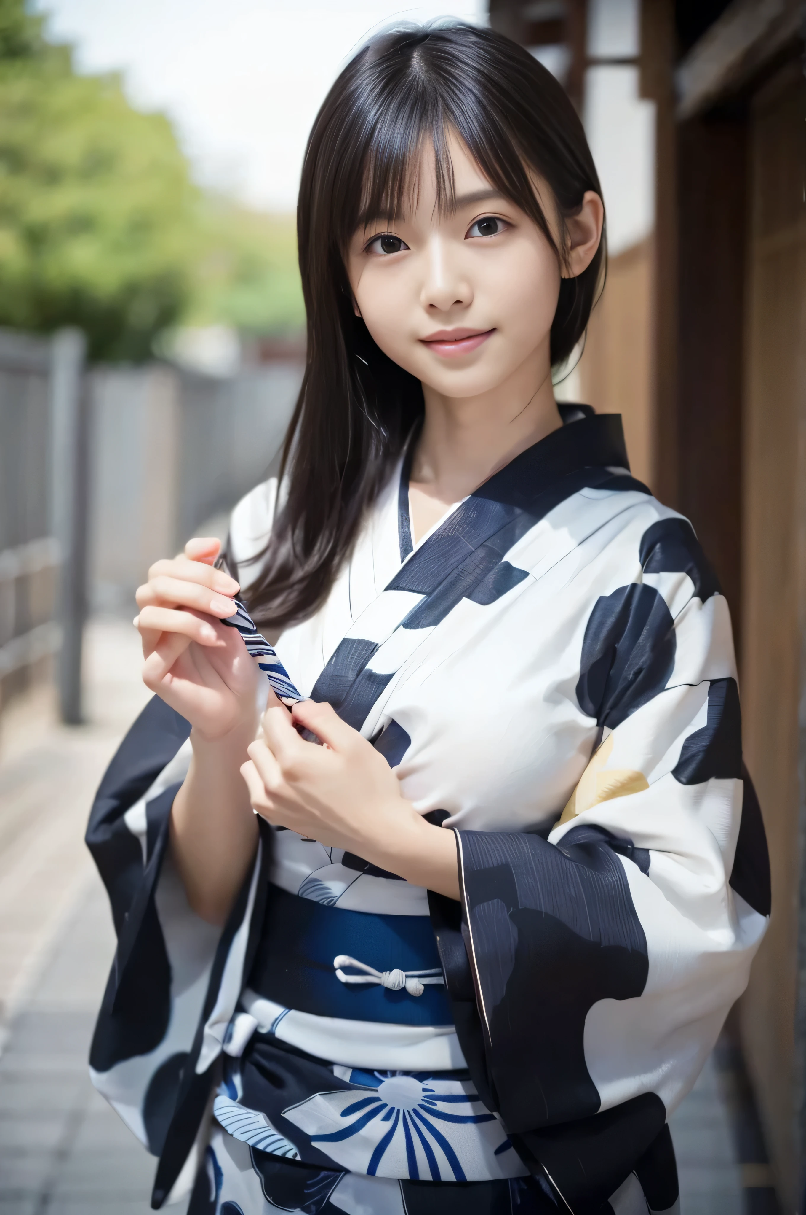 ((A thin yukata:1.4))、((14 years old))、Random Pause、(Highest quality,masterpiece:1.3,Ultra-high resolution,),(Very detailedな,Caustics),(Photorealistic:1.4,RAW shooting,)Ultra-Realistic Capture,Very detailed,High resolution 16K human skin closeup、 Natural skin texture、、Skin tone is even and healthy looking、 Use natural light and colour,1 girl,Japanese,cute,Black-haired,Medium Hair,(Big Breasts:1.3),smile,,(Written boundary depth、chromatic aberration、、Wide range of lighting、Natural Shading、)、(Kimono with open front), Holding a Japanese fan,