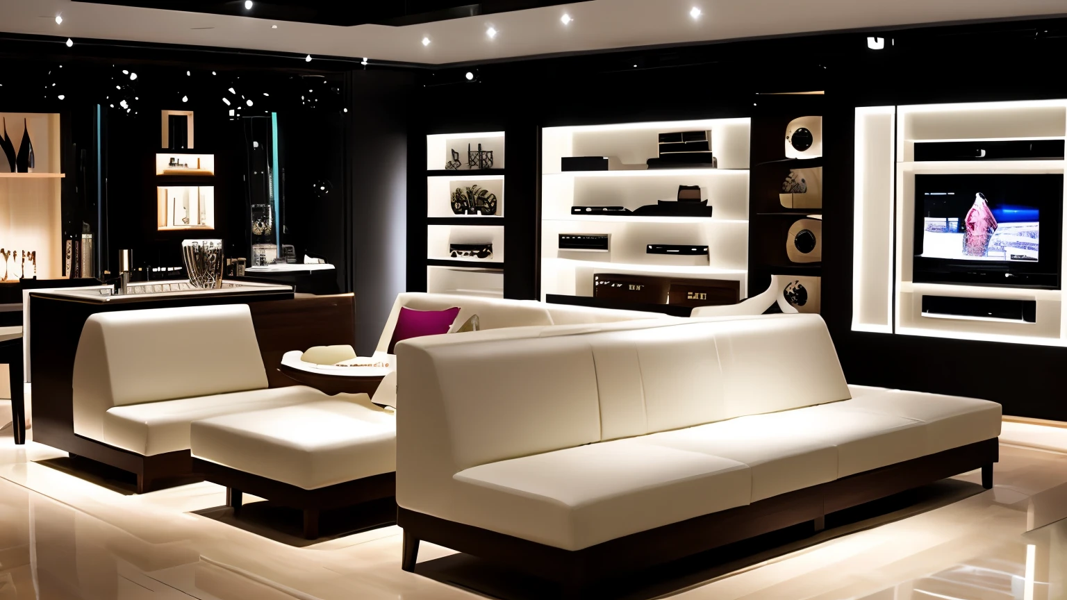 createe a sophisticate music lounge, with deluxe decoration, modern sound equipamento, and demais componetes de luxo