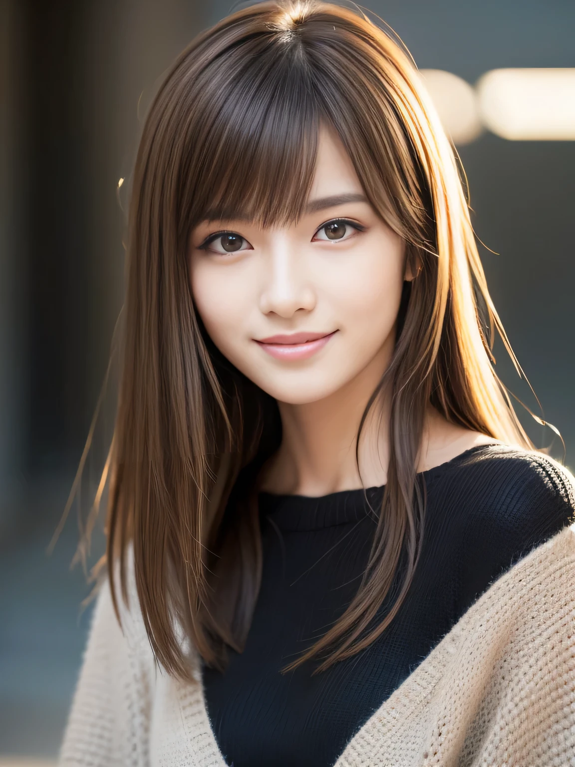 masterpiece, best quality, ultra-detailed, intricately detailed hyperdetailed, realistic, sharp features, highly detailed, sharp focus, Realistic, Photorealistic:1.3, (:1.3), perfect face, perfect symmetrically eyes, perfect full lips, hyper detailed, hyper realistic, high resolution, Fashion Model, Japanese Idol, Slender, brown hair, Stylish, model poses, Beautiful Face, light brown hair, messy hair, asymmetrical bangs, (grin:1.2), (looking at viewer), cinematic lighting, grey background, (Black knit:1.2), portrait