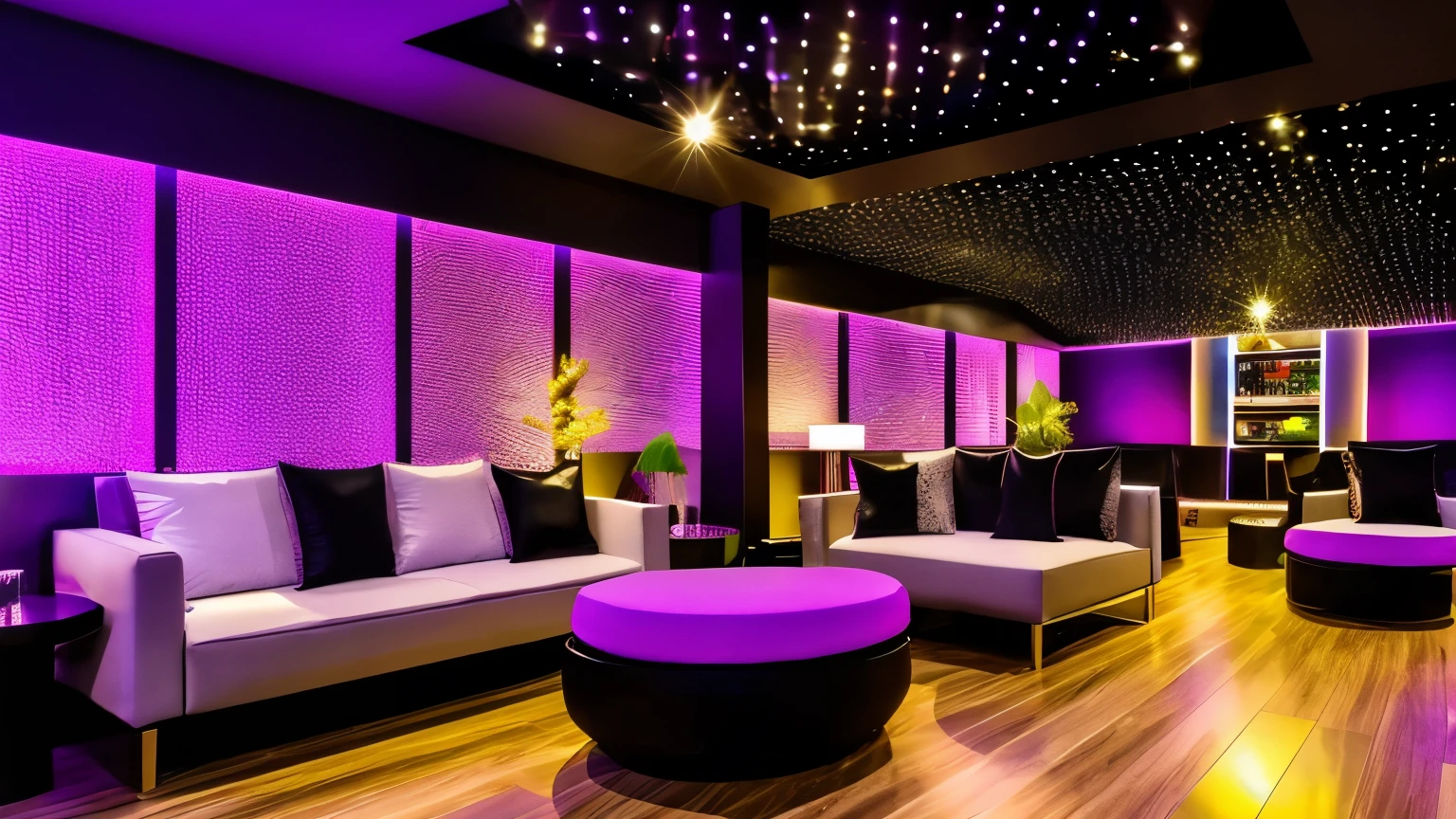 createe a sophisticate music lounge, with deluxe decoration, modern sound equipamento, and demais componetes de luxo, ambiente noturno, com luzes, dance lounge