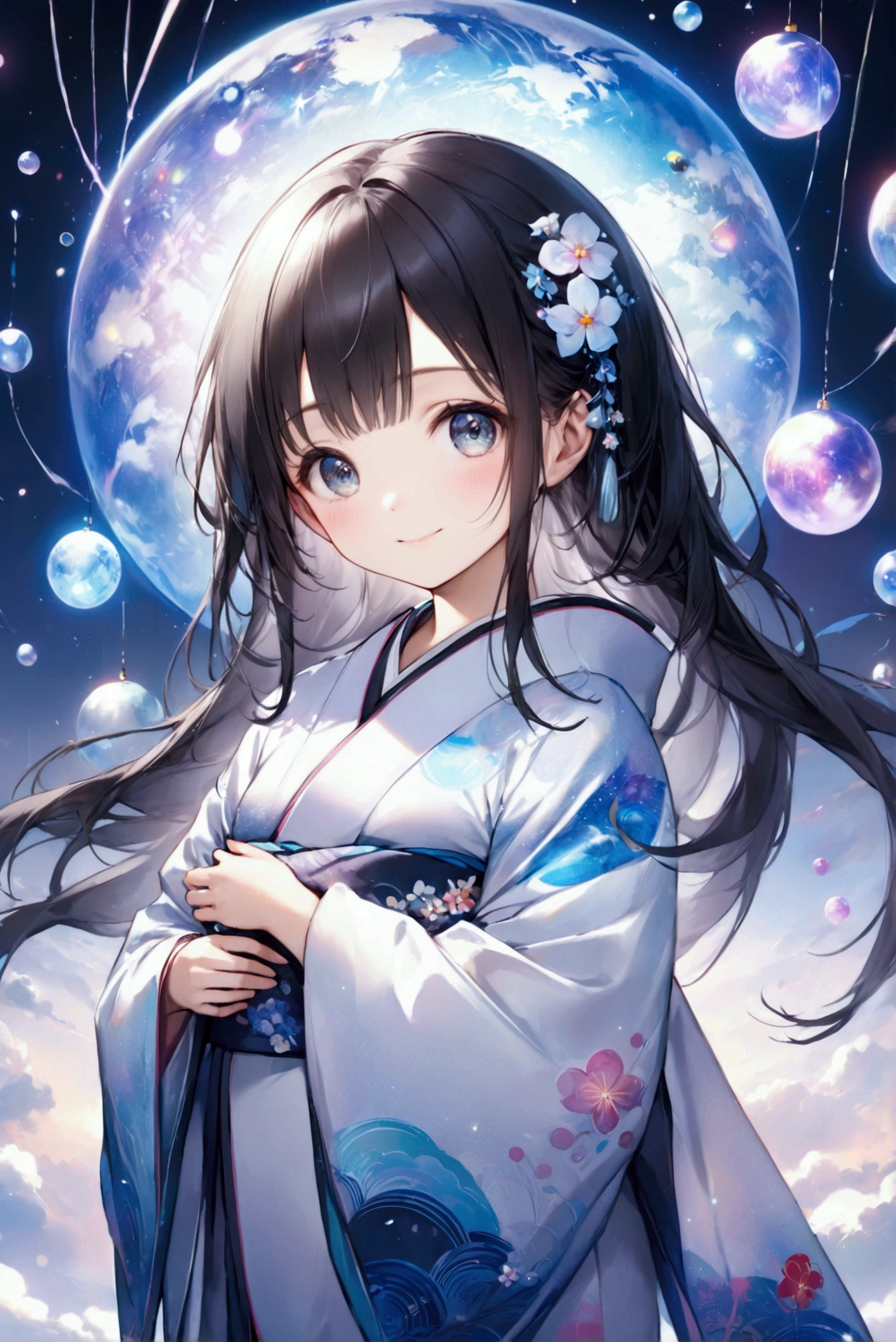 (Highest quality, 8k, 32K, masterpiece, Ultra-high resolution,:1.2),to be born, One Girl,So cute , A fantasy background reminiscent of an electronic world, clear, Shining Eyes, Age 25 ,Fair skin, Black Hair Girl, kimono, Long Hair, An innocent smile