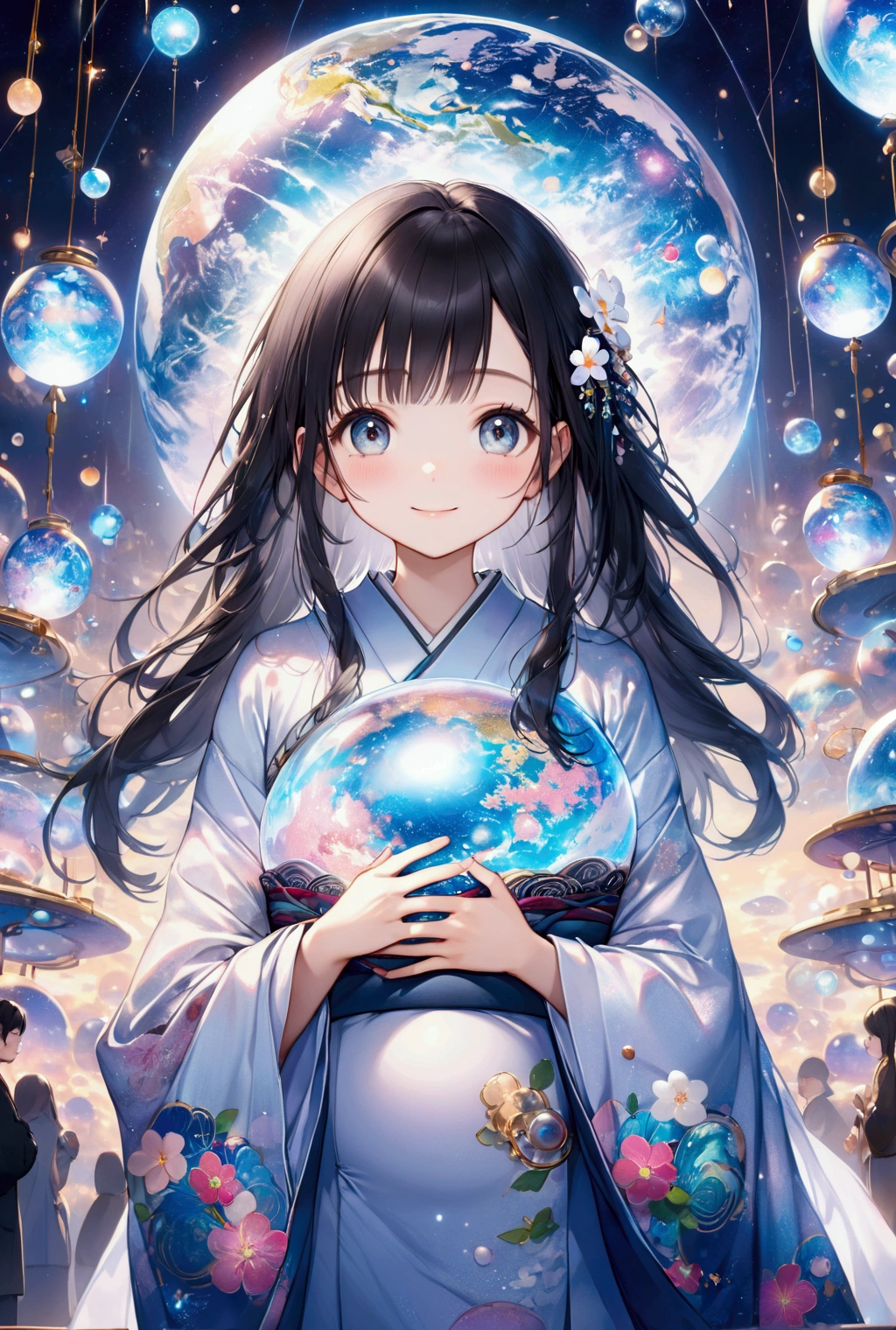 (Highest quality, 8k, 32K, masterpiece, Ultra-high resolution,:1.2),to be born, One Girl,So cute , A fantasy background reminiscent of an electronic world, clear, Shining Eyes, Age 25 ,Fair skin, Black Hair Girl, kimono, Long Hair, An innocent smile