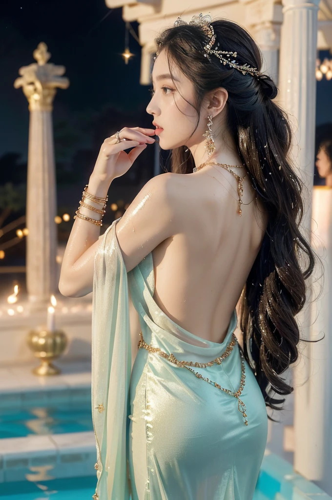 (((best quality))),(((ultra detailed))),(((masterpiece))),illustration,((1 beautiful girl,ancient greek princess,solo)),((earrings,crystal necklace)),(((sweat,wet,shiny skin))),((slim,thin)),((bare back,towering hips,butt crack)),(Gorgeous sheer dress:1.3),(slender legs:1.2),(((luxurious pool,grand temple,starry night sky))),summer,radiant complexion,(shoulder length straight hair:1.2),graceful,intricate patterns,embellishments,shimmering fabric,rainbow colors,gentle waves,fragrant oils,lush plants,elegant columns,serene ambiance,(surrounded by crowded crowds of attendants:1.3),ritual of cleansing,opulence,tranquility,solitude,busy life,timeless,enchanting image,essence of ancient greece,((from back,upper body))