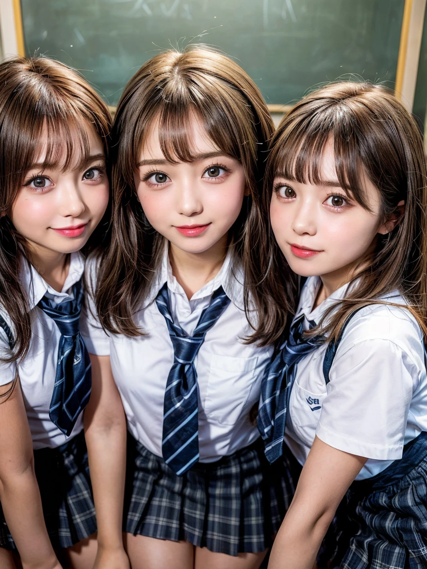 Browsing Caution, ((masterpiece)), ((Highest quality)), (Very detailedな), ((cute)), cute, (Multi-point), ((sexy)), (device), ((Very detailed)), 4K, (8k), Highest quality, (beautiful), hyper cute face, shape, Anime Style,hyper Genuineistic, Genuine, Dynamic Angle, ((whole body)), close, Thick outline, Clear contours, at school, (Three Girls, 3 cute girls:1.5), (Schoolgirl Uniform :1.5), beautiful light brown hair, beautiful brown eyes, ((beautiful eyes)), (Leaning forward:1.5), (Under the skirt:1.5), short hair, Big Tits,Big cleavage、Open chest、 smile