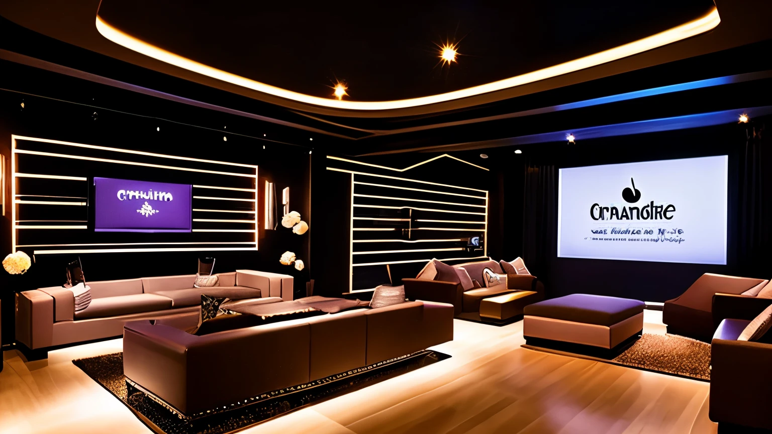 createe a sophisticate music lounge, with deluxe decoration, modern sound equipamento, and demais componetes de luxo, ambiente noturno, com luzes, dance lounge