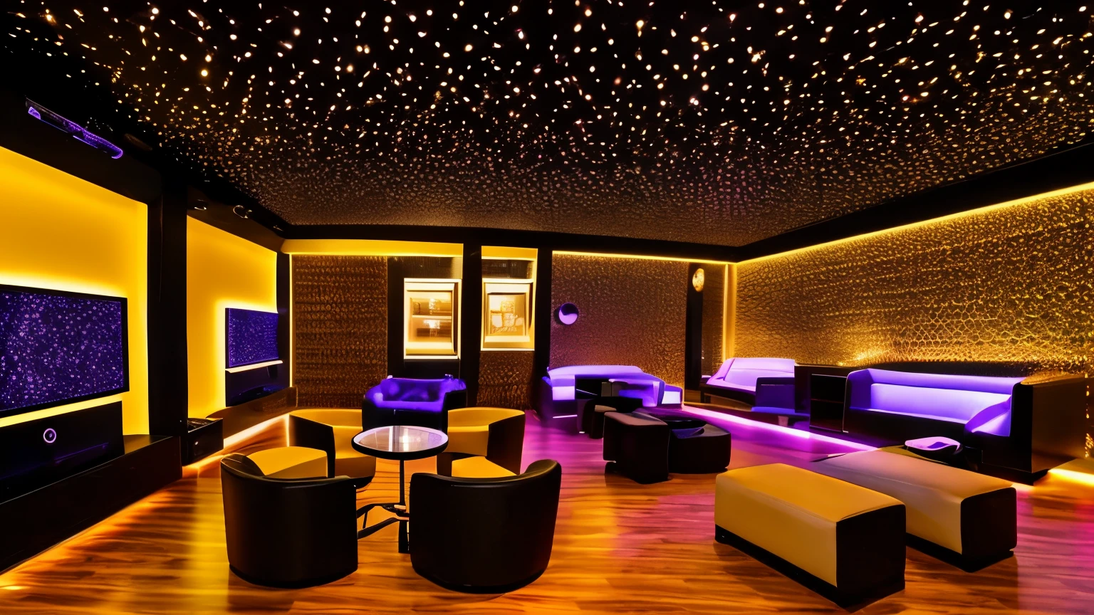 createe a sophisticate music lounge, with deluxe decoration, modern sound equipamento, and demais componetes de luxo, ambiente noturno, com luzes, dance lounge