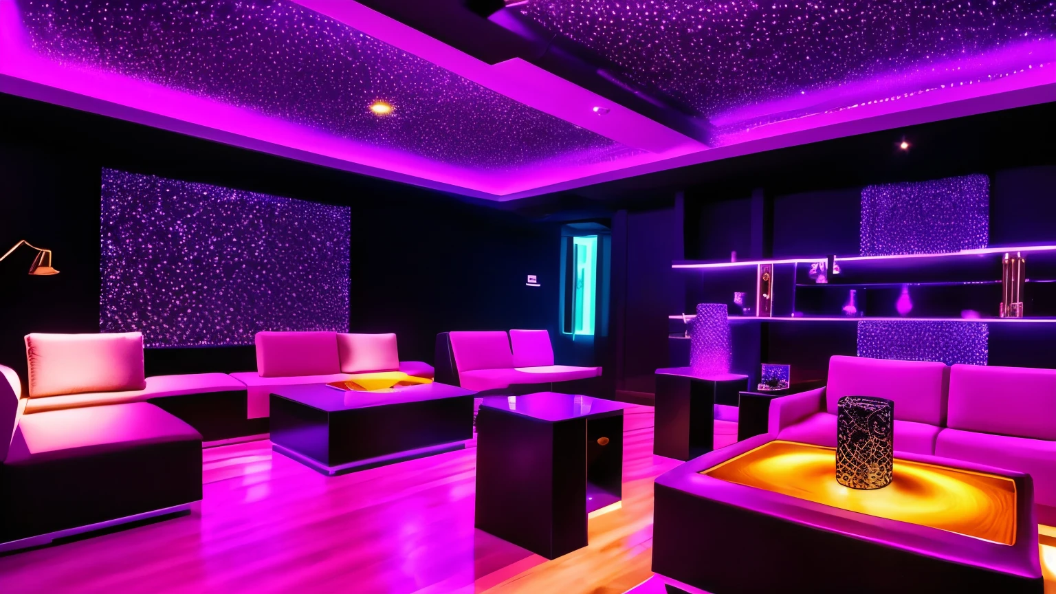 createe a sophisticate music lounge, with deluxe decoration, modern sound equipamento, and demais componetes de luxo, ambiente noturno, com luzes, dance lounge