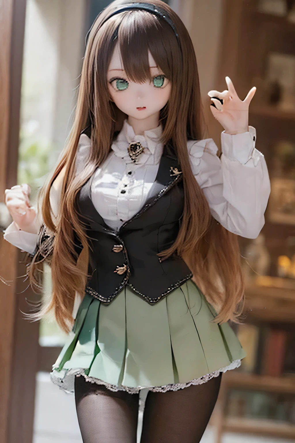 (SFW:2), photorealistic, realistic photo, 8k, ((highest quality)), ((masterpiece)), (extremely detailed), kukolnydom, doll, (mature woman, 21yo, 21 years old, solo:1.6), ((cowboy shot, stylish pose, slim, slender, skinny, medium breasts, hairband, ascot, vest, blouse, long puff sleeves, pleated skirt, black pantyhose)), (green eyes, brown hair, long hair, plastic skin, looking at another, glass eyes, gradient eyes, shining eyes, detailed eyes:1.3)