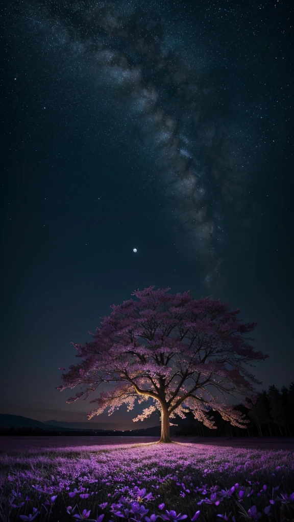 Create a stunning image with full resolution 8k cinematic quality depicting a serene night scene. The focal point is a large, radiant full moon dominating the night sky, casting a soft, ethereal glow over the landscape. The moon appears almost surreal in its brightness and size, illuminating the surroundings with a gentle, silvery light.
In the foreground, lush branches of a tree are adorned with vibrant, blooming flowers in a rich shade of purple. The flowers stand out vividly against the dark night sky, their delicate petals and intricate details captured with striking clarity. The leaves of the tree are dark green, providing a beautiful contrast to the bright blossoms.
The sky is a deep, star-studded expanse, with countless stars twinkling brightly, adding to the magical ambiance of the scene. The vastness of the sky and the presence of the moon create a sense of depth and infinity, inviting viewers to gaze upwards and lose themselves in the beauty of the night.
The overall composition balances the large, luminous moon and the colorful foreground flowers, drawing the viewer's eye between these elements and creating a harmonious visual flow. The interplay of light and shadow, with the moonlight highlighting the edges of the leaves and petals, adds to the sense of depth and realism.
Emotionally, the scene evokes a sense of tranquility, wonder, and appreciation for the natural beauty of the night. The visual style emphasizes rich colors, sharp details, and a serene ambiance.