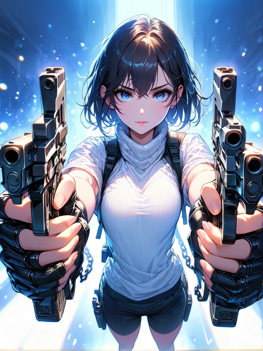 (Best Quality:1.2), 1 girl, standing_to divide, long black hair, white turtleneck sweater, sports shorts, shackles, beautiful and delicate eyes., beautiful and delicate lips, extremely detailed eyes and face, long eyelashes, bright colors, professional, Super detailed, actual, Studio lighting, physically based representation，holding the gun with both hands，aim at you