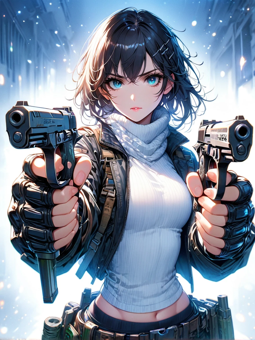 (Best Quality:1.2), 1 girl, standing_to divide, long black hair, white turtleneck sweater, sports shorts, shackles, beautiful and delicate eyes., beautiful and delicate lips, extremely detailed eyes and face, long eyelashes, bright colors, professional, Super detailed, actual, Studio lighting, physically based representation，holding the gun with both hands，aim at you