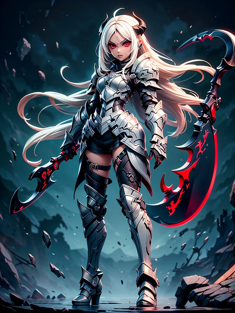 (((masterpiece, best quality, high detailed, 8k))) Design a layout showcase Gaming character, (1girl) Slender cute girl character with short stylish white hair and piercing eyes. She wears a demonic armor in purple, black, and white. wields a large, stylized scythe. The character has a menacing expression, with a chaotic environment as the background. ((full body front view)). ((slender)), (extremely detailed:1.5), (long white hair:1.2), (piercing red eyes:1.2), (chaotic environment:1.1), (demonic armor:1.3), (stylized scythe:1.3).