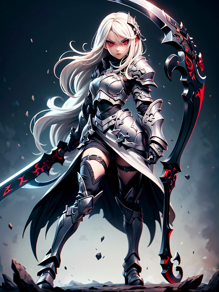 (((masterpiece, best quality, high detailed, 8k))) Design a layout showcase Gaming character, (1girl) Slender cute girl character with short stylish white hair and piercing eyes. She wears a demonic armor in purple, black, and white. wields a large, stylized scythe. The character has a menacing expression, with a chaotic environment as the background. ((full body front view)). ((slender)), (extremely detailed:1.5), (long white hair:1.2), (piercing red eyes:1.2), (chaotic environment:1.1), (demonic armor:1.3), (stylized scythe:1.3).
