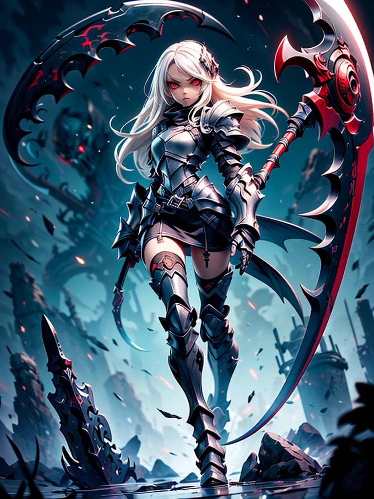 (((masterpiece, best quality, high detailed, 8k))) Design a layout showcase Gaming character, (1girl) Slender cute girl character with short stylish white hair and piercing eyes. She wears a demonic armor in purple, black, and white.  wields a large, stylized scythe. The character has a menacing expression, with a chaotic environment as the background. ((full body front view)). ((slender)), (extremely detailed:1.5), (long white hair:1.2), (piercing red eyes:1.2), (chaotic environment:1.1), (demonic armor:1.3), (stylized scythe:1.3).