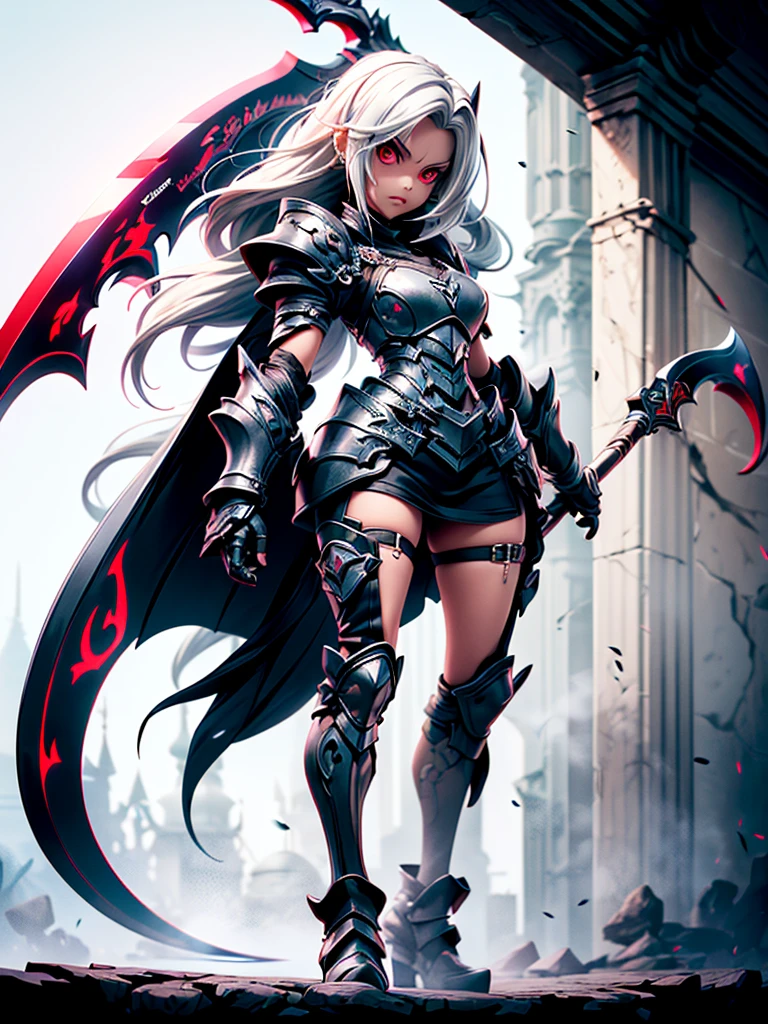 (((masterpiece, best quality, high detailed, 8k))) Design a layout showcase Gaming character, (1girl) Slender cute girl character with short stylish white hair and piercing eyes. She wears a demonic armor in purple, black, and white.  wields a large, stylized scythe. The character has a menacing expression, with a chaotic environment as the background. ((full body front view)). ((slender)), (extremely detailed:1.5), (long white hair:1.2), (piercing red eyes:1.2), (chaotic environment:1.1), (demonic armor:1.3), (stylized scythe:1.3).