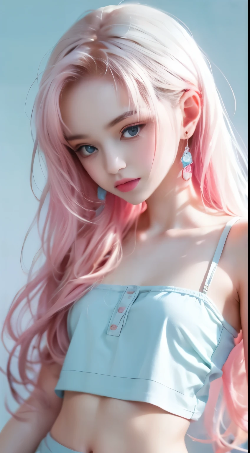 Light blue and pink color scheme，sexy woman ，，，white curly hair,　Colorful camisole