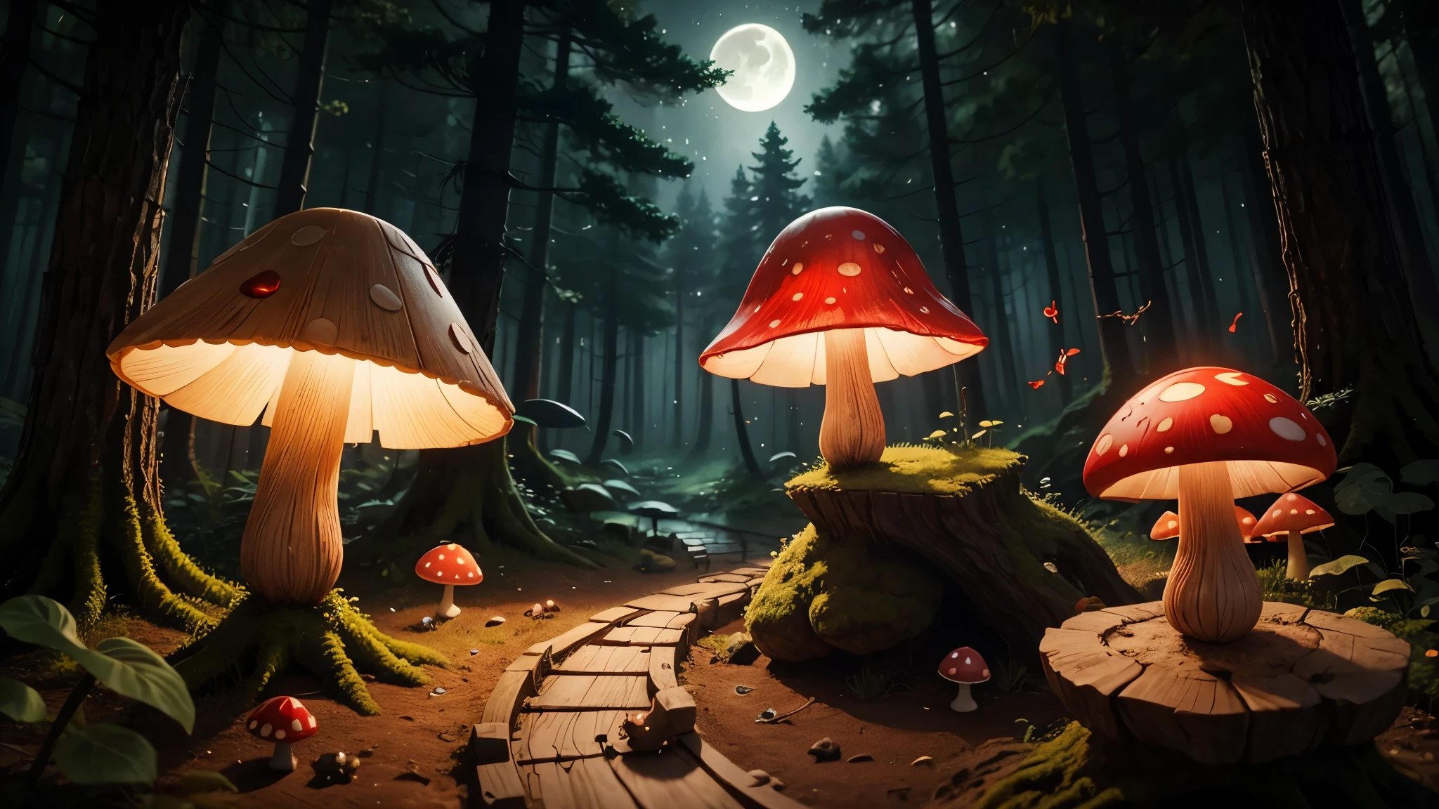 Enchanted Forest, firefly , moon , red mushroom