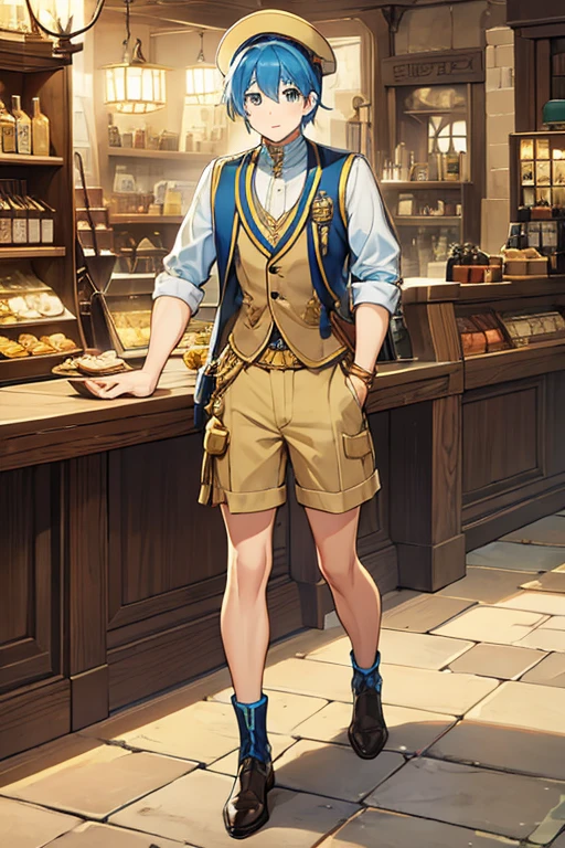 man, semi short blue hair, adventurer hat, light brown vest with gold details, yellow shirt, light cafe shorts, Egyptologist