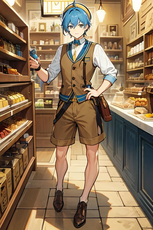 man, semi short blue hair, adventurer hat, light brown vest with gold details, yellow shirt, light cafe shorts, Egyptologist
